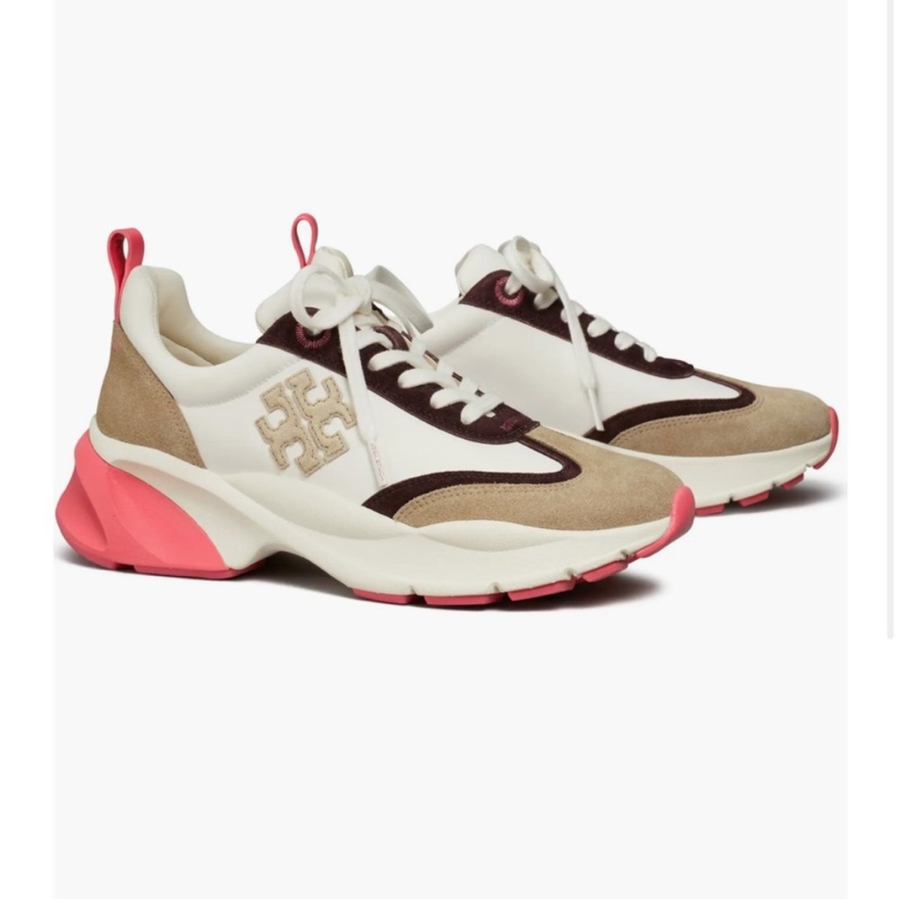 Tory Burch White Beige Pink Suede & Mesh Platform Sneakers